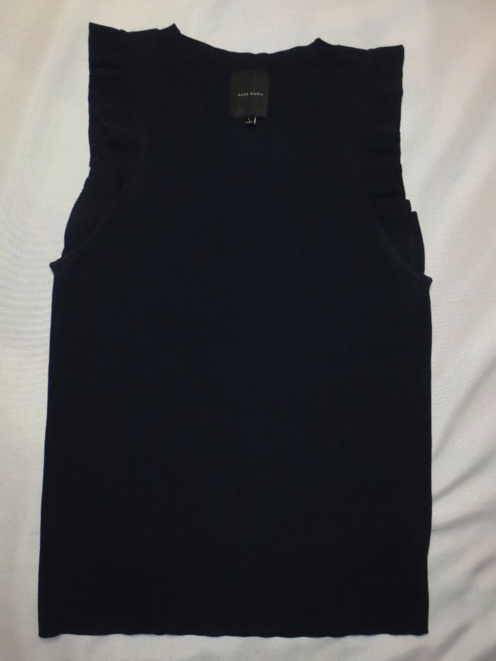 ALEX MARIE womens TOP navy blue SHIRT sleeveless BLOUSE ruffle CREW NECK SIZE L